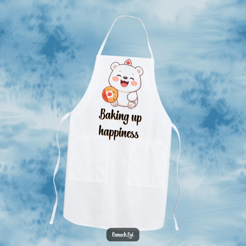 Funny Polar Bear Apron: A laughing polar bear offers a Canadian cookie, adding a humorous and functional touch to kitchen activities.