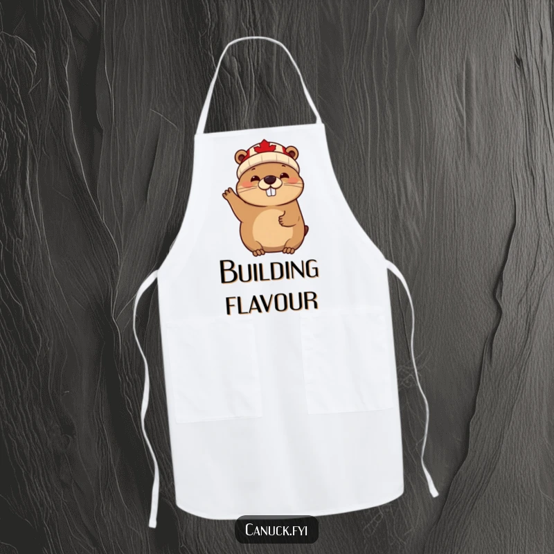 Funny cheerful beaver apron, maple leaf beanie, waving enthusiastically, a humorous and practical kitchen accessory.
