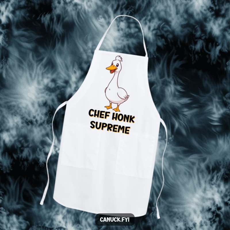 Funny Apron print of a goose standing proudly and honking cheerfully, ideal for adding humorous flair to cooking.