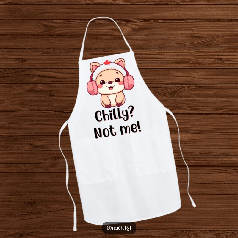 Funny Canadian animal character chef apron, wearing fuzzy earmuffs and smiling warmly, for winter cooking.