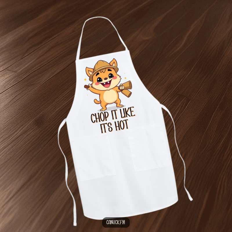 Funny kitchen apron featuring a creature with an enthusiastic grin performing a cheerful lumberjack chop, ready for culinary duels.