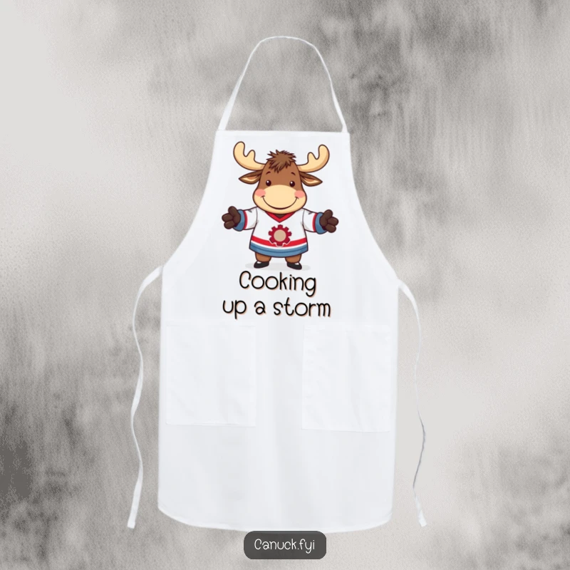 Funny apron with a moose trying to wear a hockey jersey, perfect for cooking and kitchen humor.