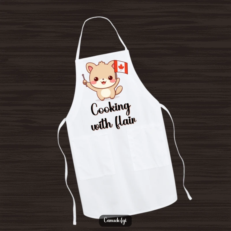 Funny animal apron with a character waving a small flag featuring a maple leaf design, perfect for humorous and patriotic kitchen activities.