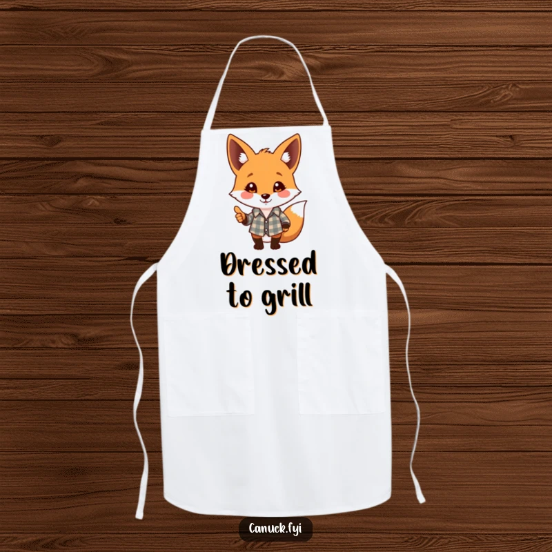 Funny apron with a playful fox in a plaid shirt offering a friendly nod, perfect for cooking funny gift.