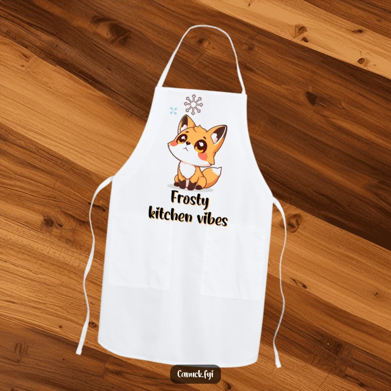 Funny apron with a curious fox character looking up wide-eyed at a falling snowflake, designed for kitchen use.