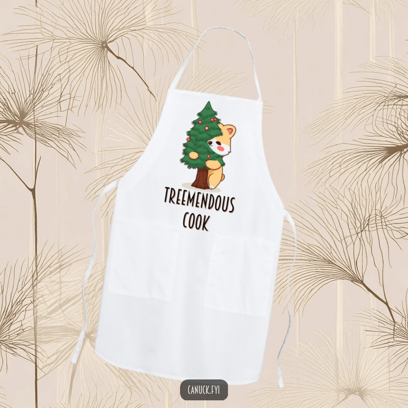 Funny apron with a cartoon animal hugging a stylized pine tree, perfect for nature-themed cooking and humor.