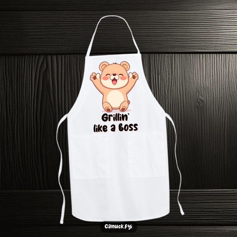 Funny apron with a happy bear character enthusiastically cheering with both paws up, kitchen funny gift.