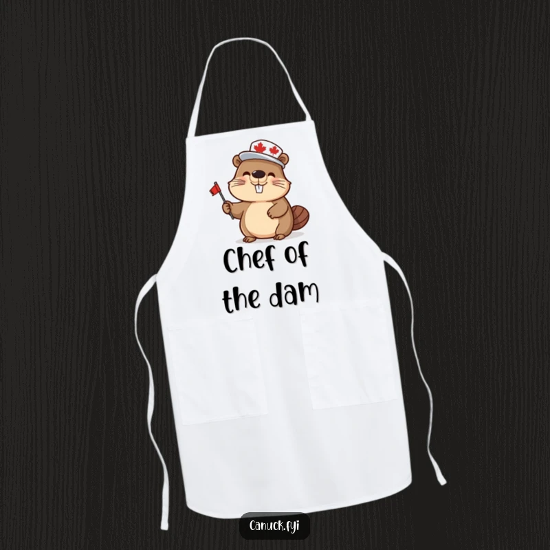 Funny beaver apron, wearing a maple leaf hat and waving a flag, making kitchen tasks more humorous and patriotic.