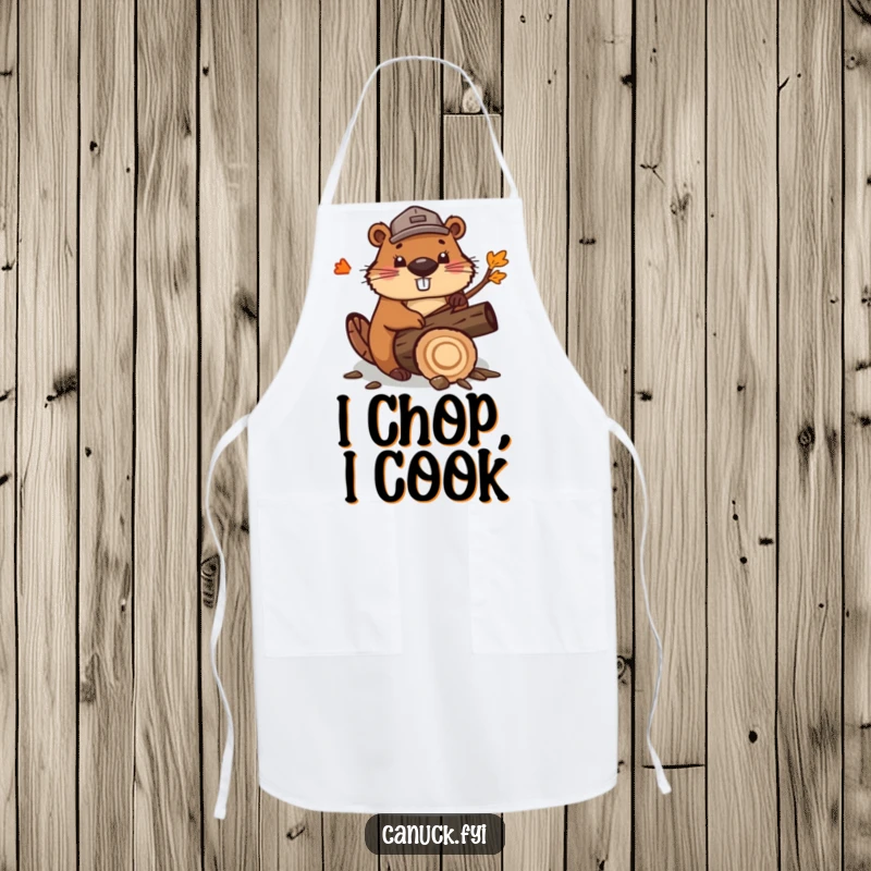 Funny cute beaver apron, wearing a lumberjack hat, enthusiastically chopping wood. A humorous and practical kitchen accessory.