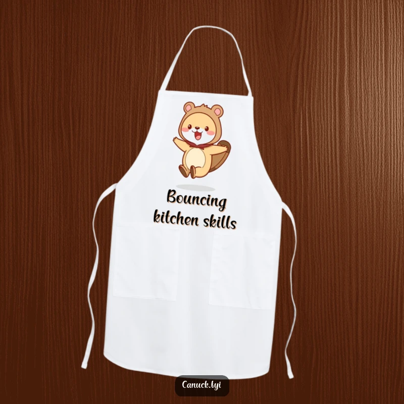 Funny animal apron showing a creature wearing a beaver tail costume, hopping with excitement, perfect for adding humor to cooking.