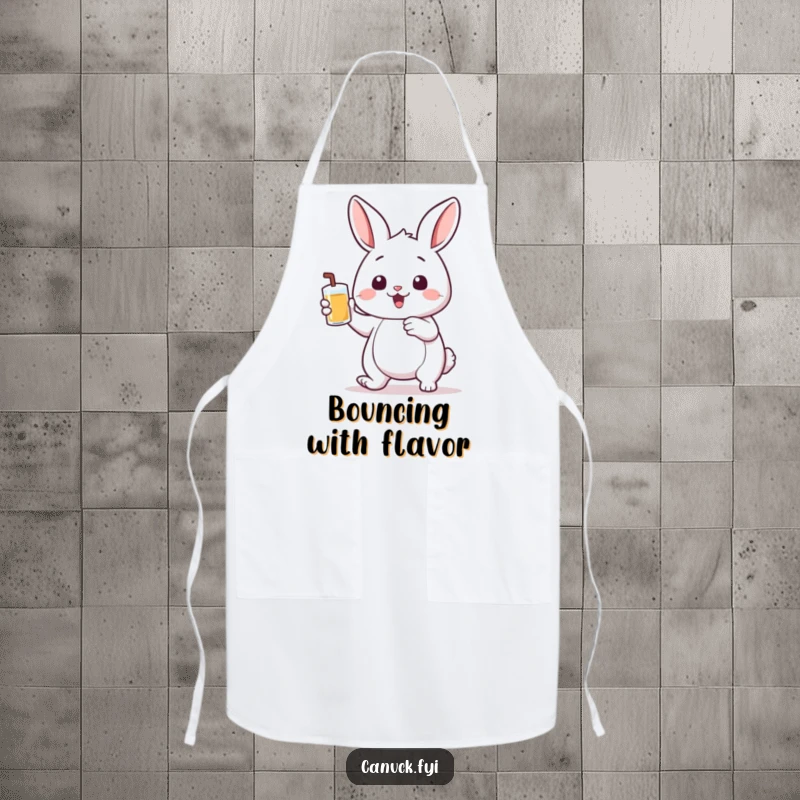Funny apron with a bouncing rabbit holding a small pint of liquid, bringing humor and fun to kitchen activities.
