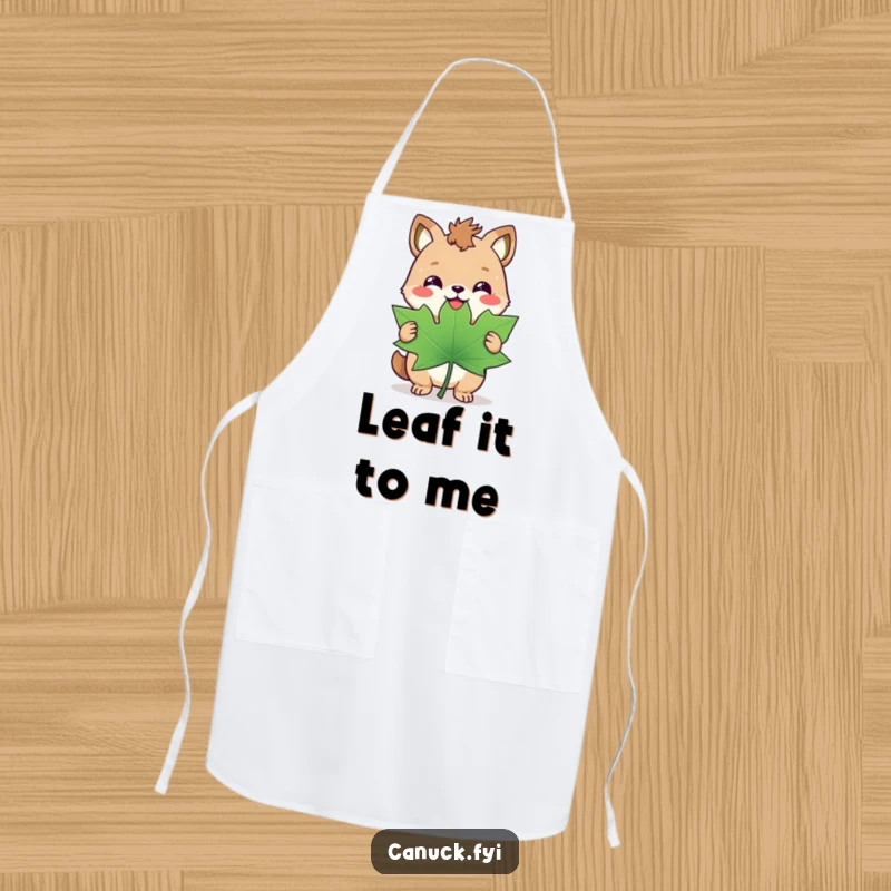 Funny apron showcasing a happy animal with a triumphant smirk holding a giant maple leaf, perfect for Canadian celebrations.