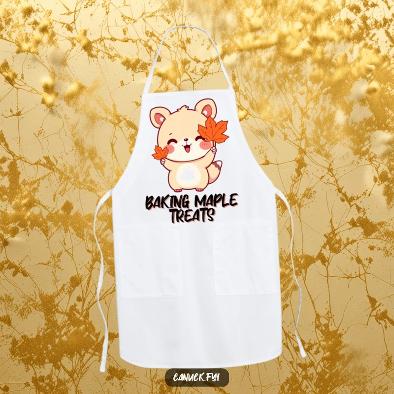 Funny apron featuring a cute animal holding a maple leaf and waving enthusiastically, perfect for adding seasonal humor.