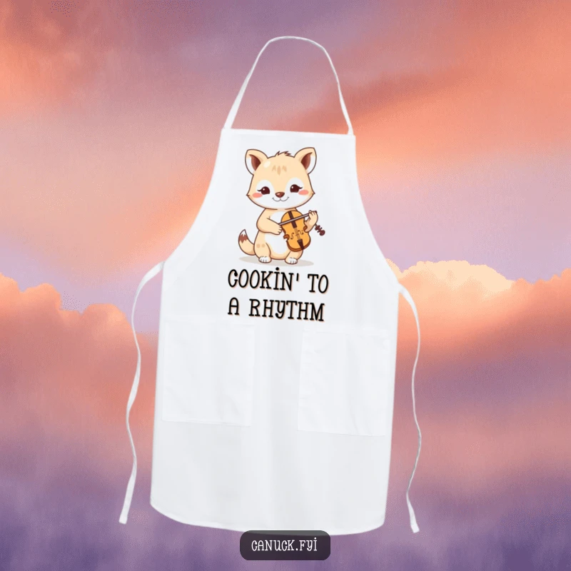Funny apron showing a friendly, determined animal focused on playing a tiny fiddle while perhaps cooking up a storm.