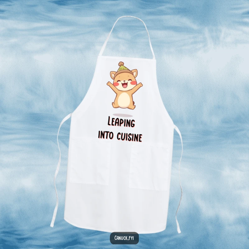 Funny apron showcasing a happy animal in a toque, performing an energetic, joyful leap while cooking. Adds humor to the kitchen.