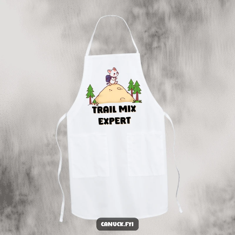 Funny apron with a creature carrying a backpack hiking up a hill, perfect for kitchen adventures and culinary humor.