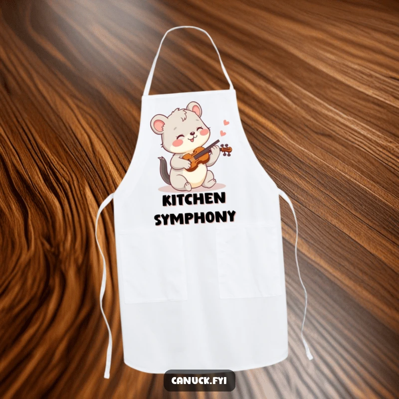 Funny apron with a joyful animal playing a tiny fiddle, perfect for kitchen performances and humorous cooking.