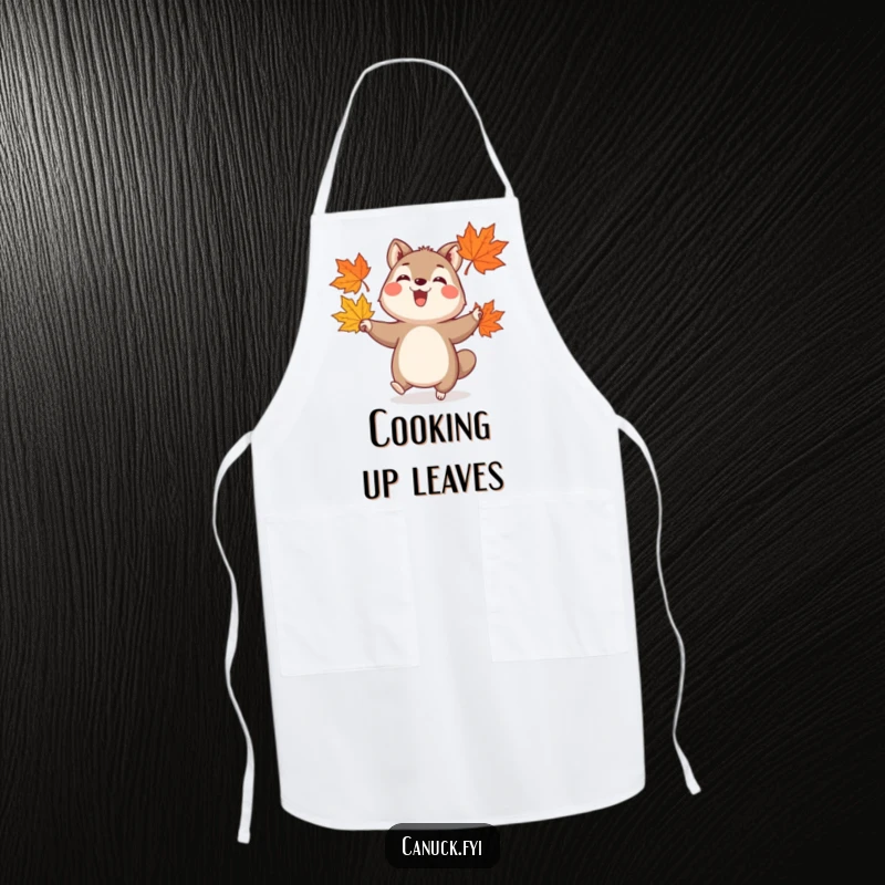 Funny apron showing a happy animal with a joyful expression, expertly juggling three stylized maple leaves, perfect for the kitchen.