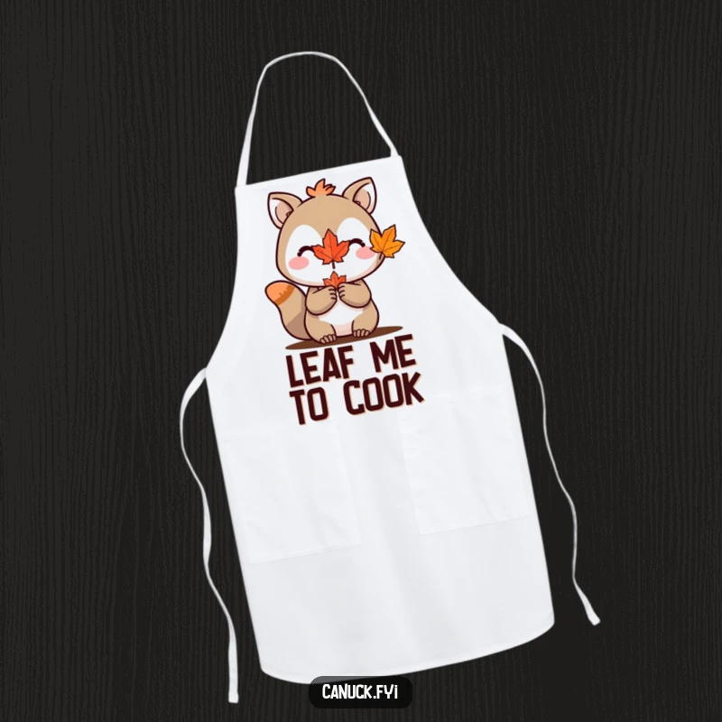 Funny kitchen apron featuring an animal character proudly holding a miniature maple leaf, ready for culinary adventures.