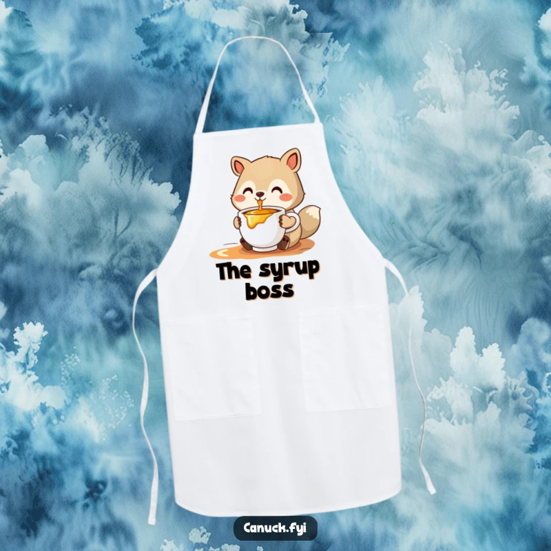Funny stylized animal apron offering a cup of steaming maple syrup, perfect for adding sweet charm to cooking.