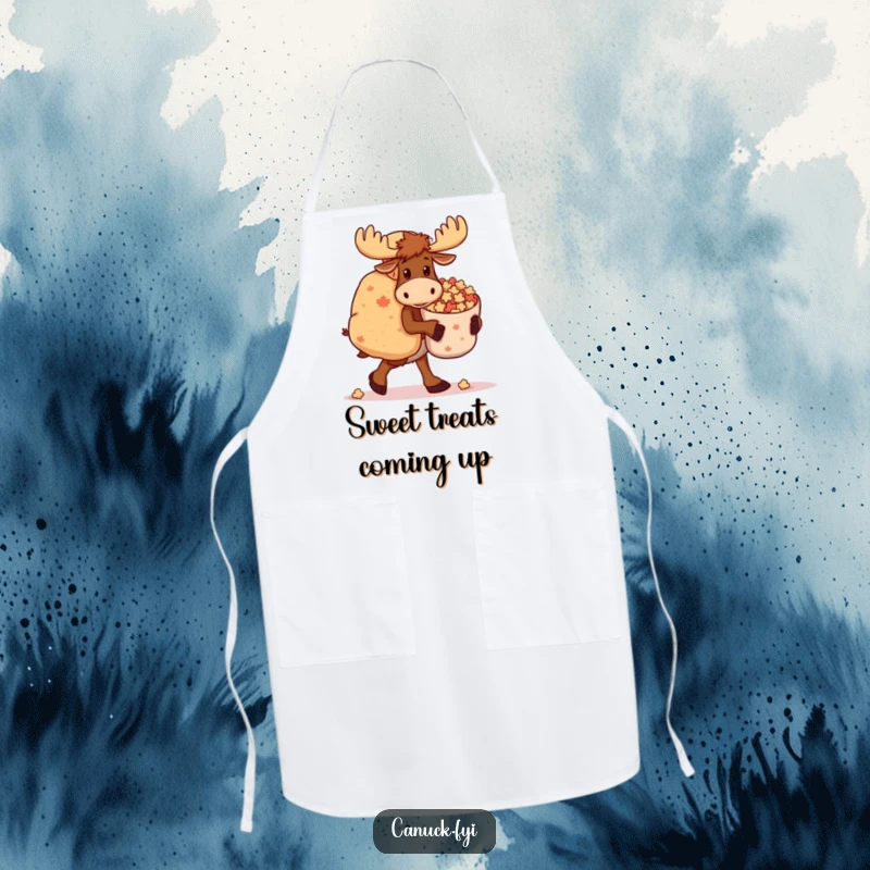 Funny Moose Apron: A clumsy moose carries a large bag of maple candies, adding a humorous and functional touch to kitchen activities.