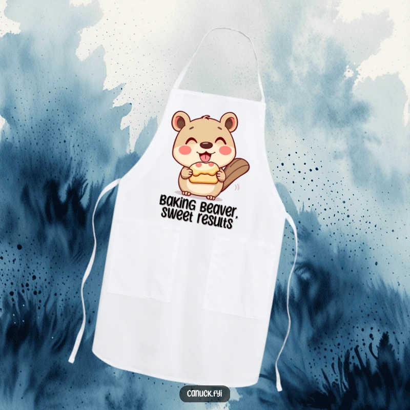 Funny apron depicting a grinning animal character politely offering a beaver tail pastry, ideal for a sweet kitchen experience.
