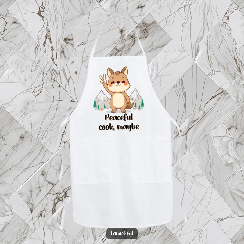 Funny animal apron, peace sign gesture, stylized mountains, ideal for kitchen use, adding serene humor, a great gift.