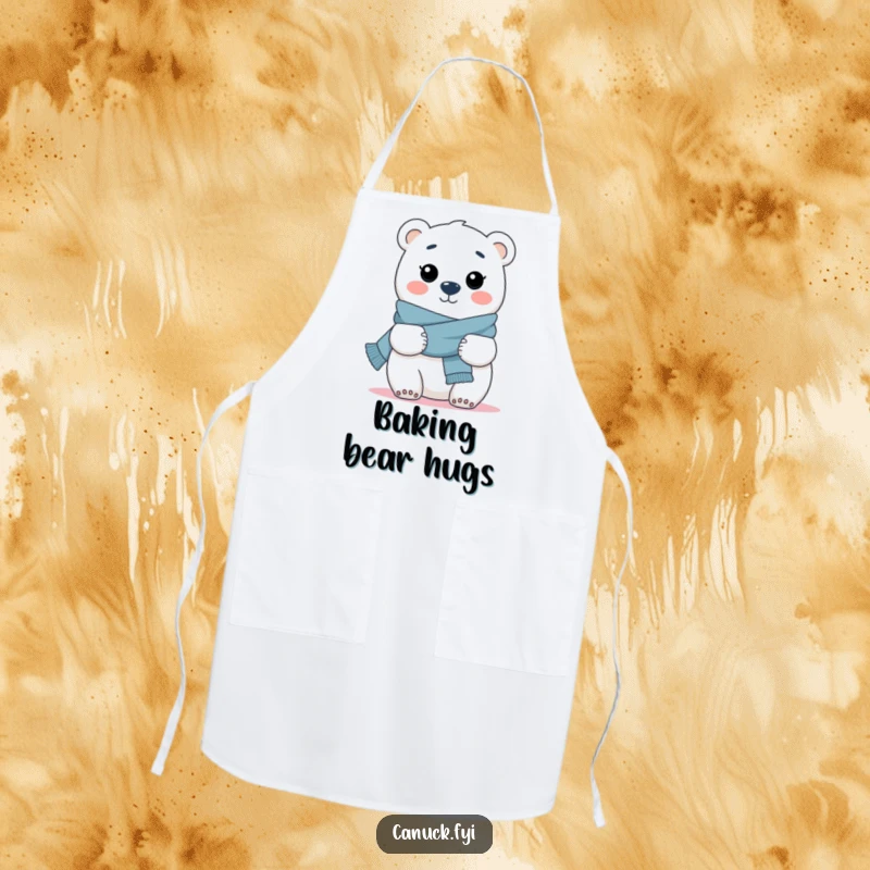 Funny apron illustrating a polar bear with a scarf, offering a warm and friendly hug while cooking.