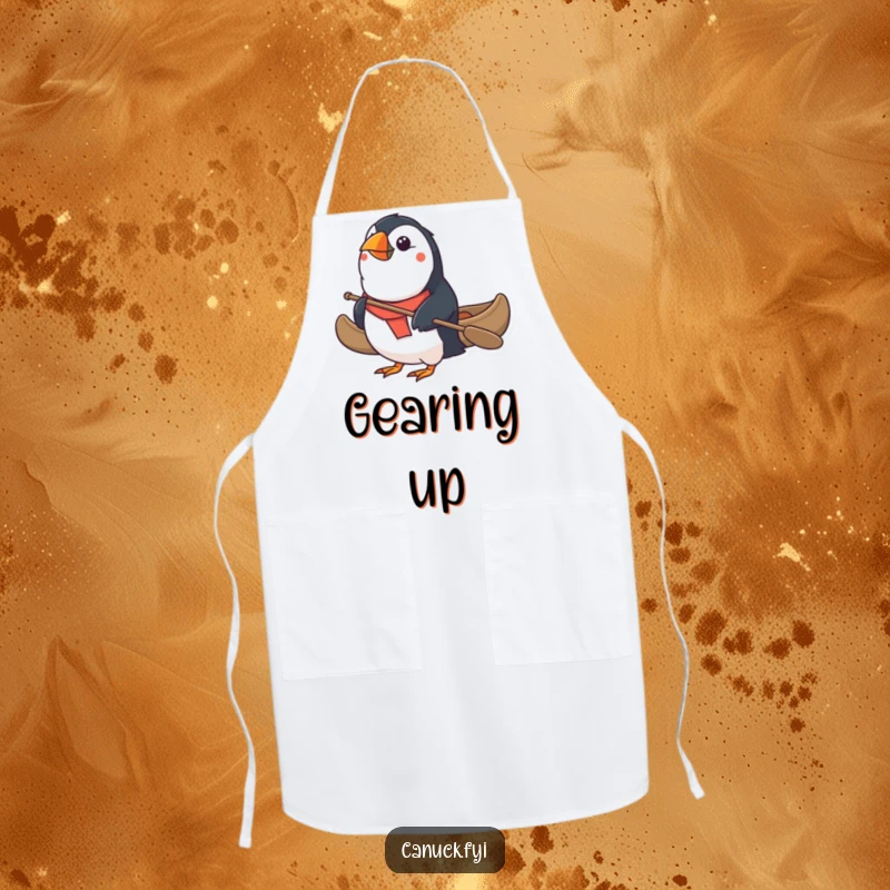 Funny Puffin Apron: A determined puffin paddles a small canoe, ready to tackle kitchen tasks with a humorous spirit. A great funny gift.