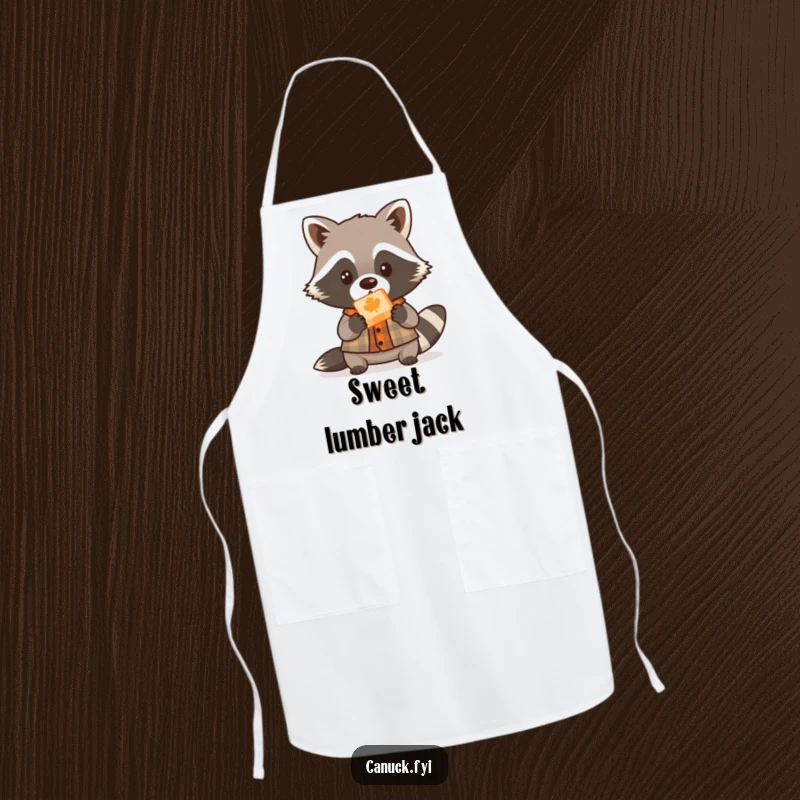 Funny cute raccoon lumberjack apron, small shirt, offering maple candy, playful kitchen wear.