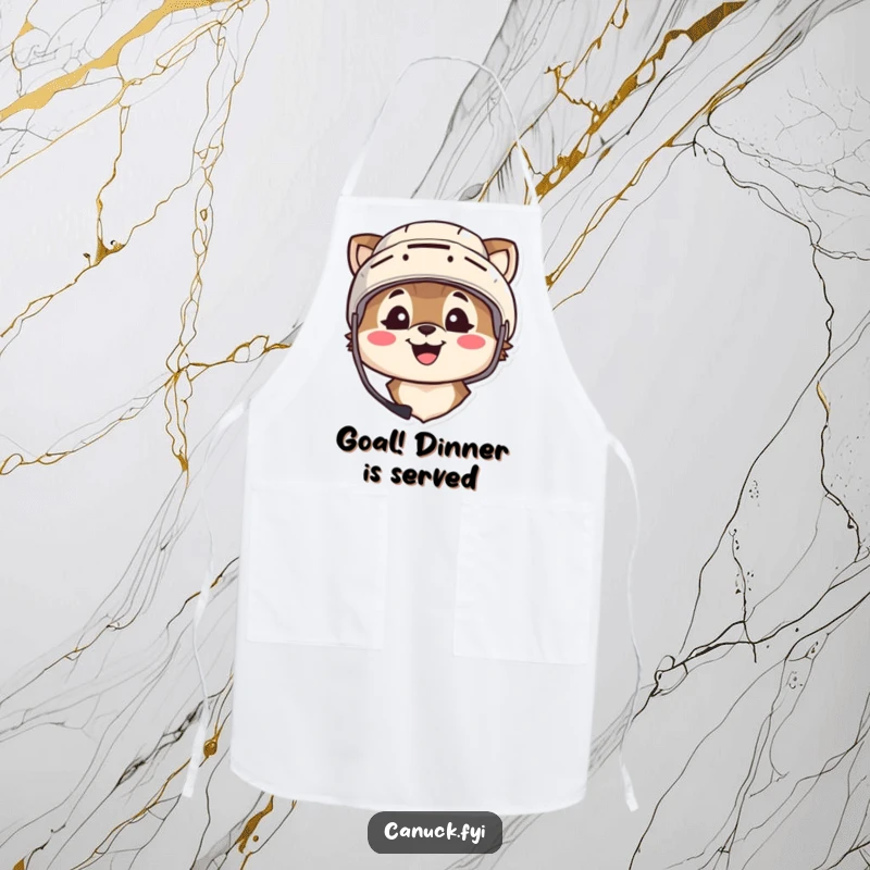 Funny kitchen apron featuring an animal character wearing a hockey helmet and smiling broadly, ready for game day cooking.
