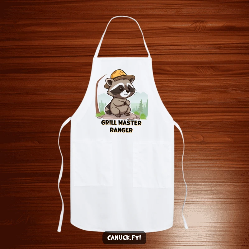 Funny park ranger raccoon apron, small, round, wearing a hat, surveying a scenic view, adds humor to cooking.