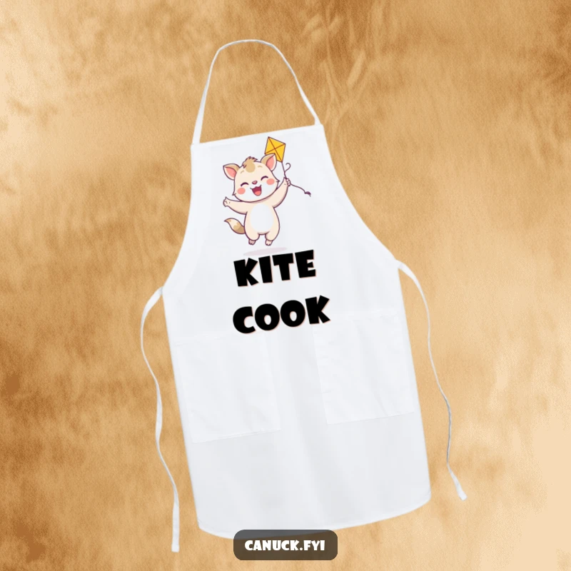 Funny joyful animal apron, bright smile, dancing with a colorful kite, playful kitchen wear.