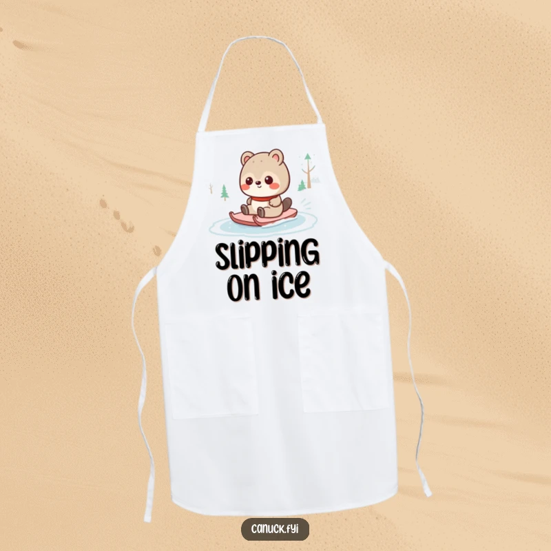 Funny Canadian animal character playfully sliding on a frozen pond, depicted on a kitchen apron, bringing winter fun and humor to cooking.