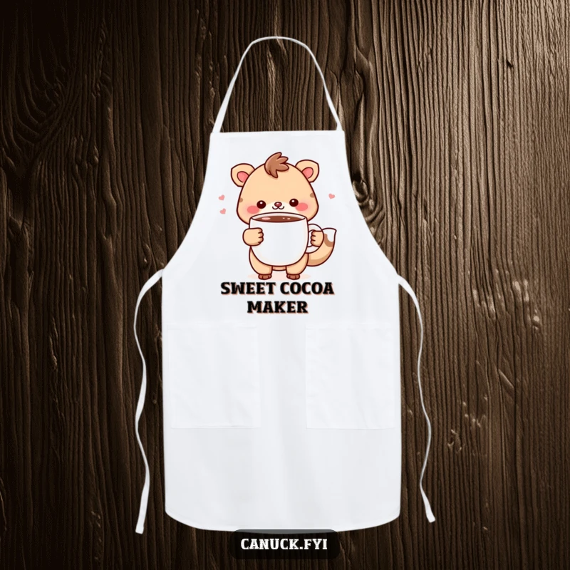 Funny Apron: Cheerful animal holds a steaming mug of hot chocolate, keeping you clean with warmth and humor.