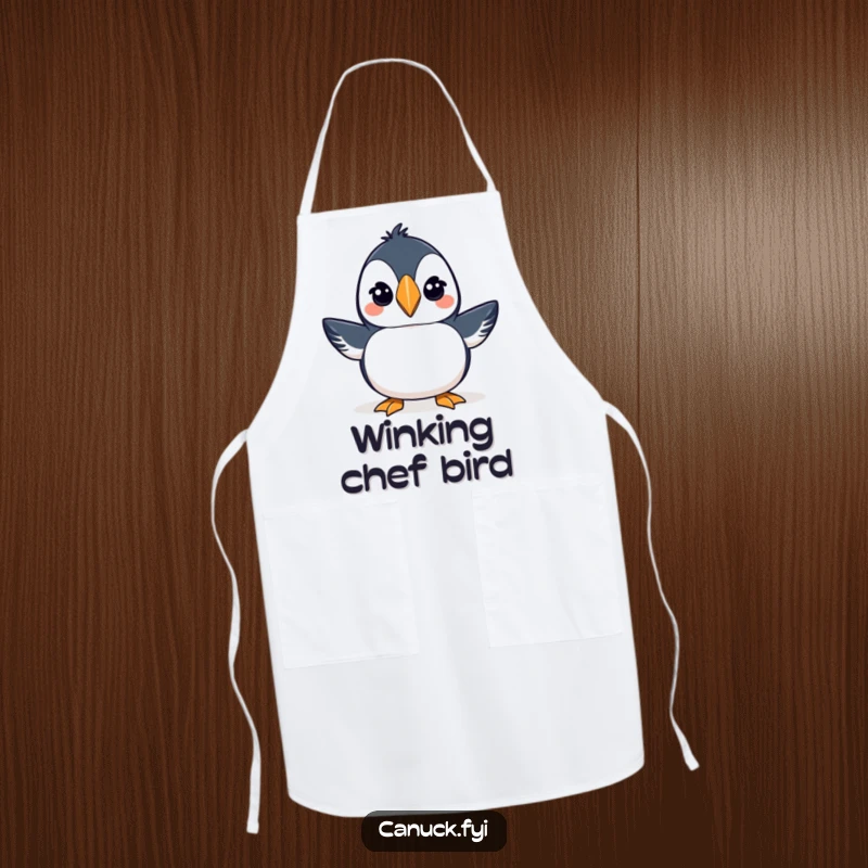 Funny apron illustrating a proud puffin wearing a toque and winking, adding charm to the kitchen.