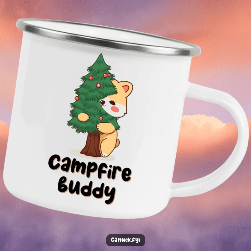 Funny camping mug with a cartoon animal embracing a stylized pine tree, perfect for outdoor drinks and nature humor.