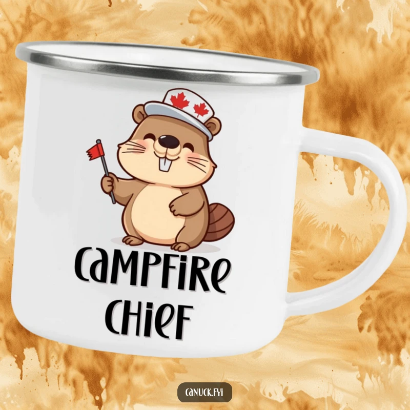 Funny beaver camping mug, wearing a maple leaf hat and waving a flag, ideal for enjoying drinks outdoors humorously.