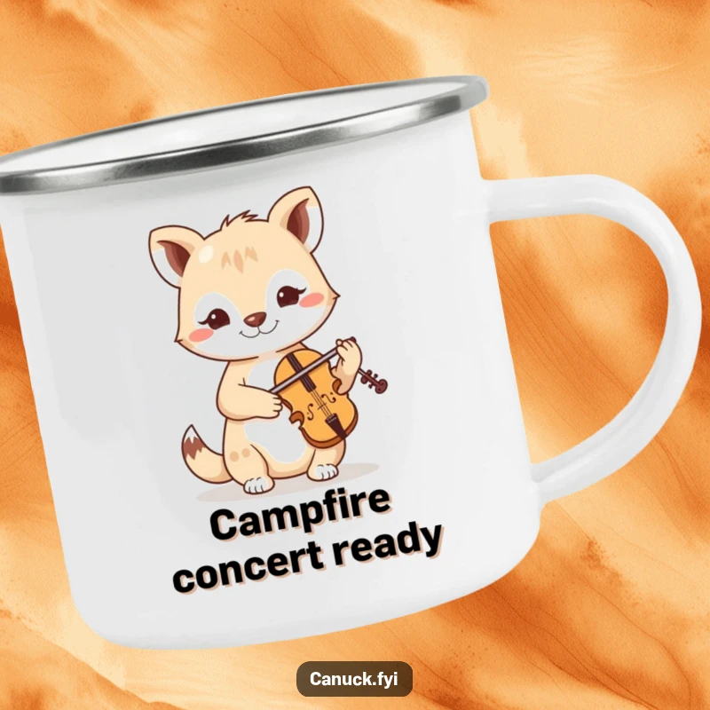 Funny camping mug showing a friendly, determined animal musician playing a tiny fiddle under the stars.