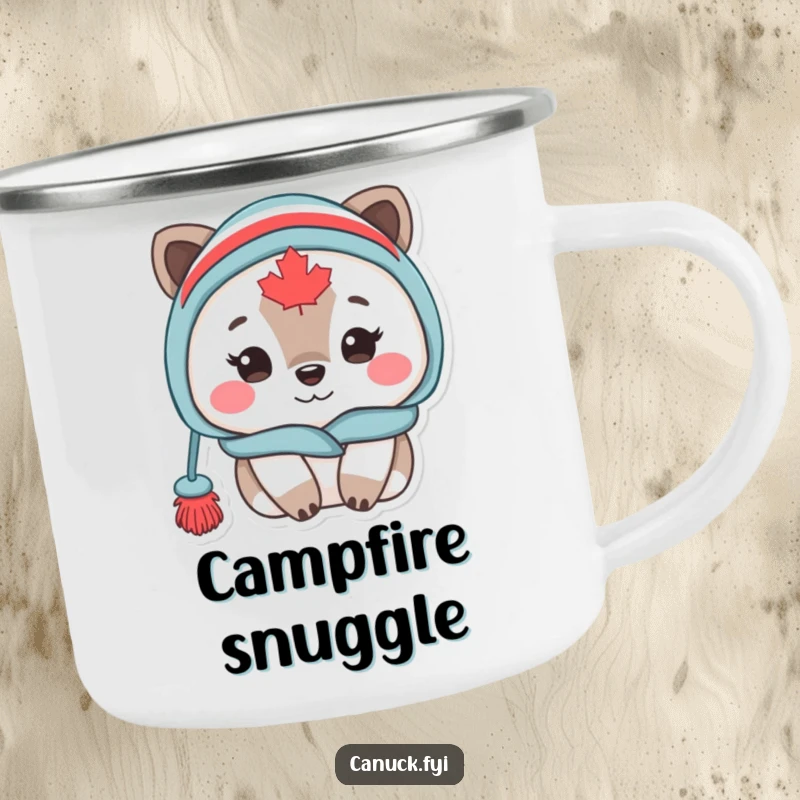 Funny Canadian animal character in a toque, looking cozy and content, on a rugged camping mug for outdoor enjoyment.