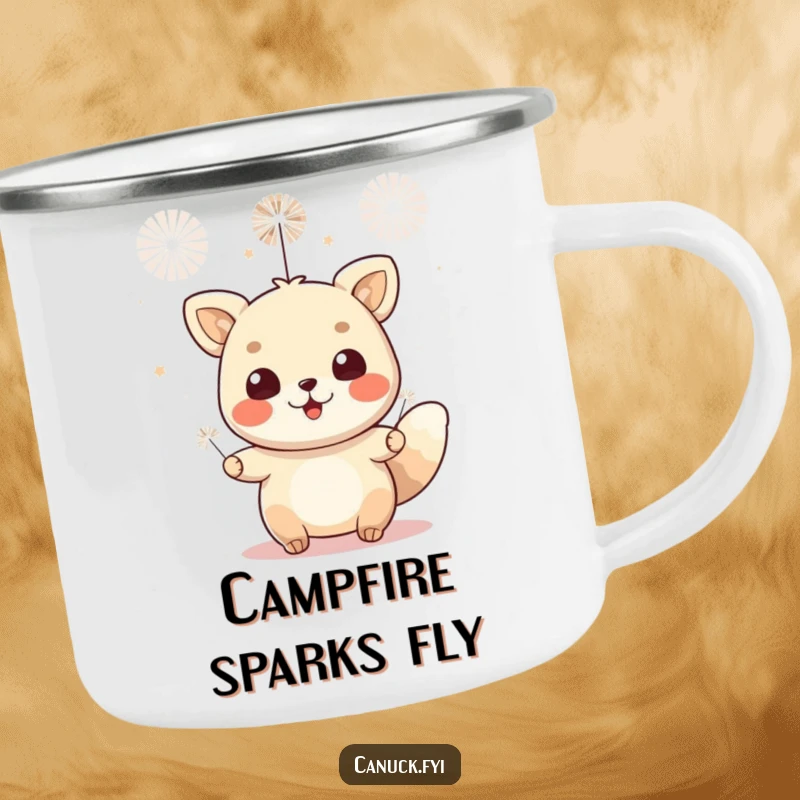 Funny camping mug showing a cheerful animal character celebrating with small fireworks. Ideal for festive outdoor drinks.
