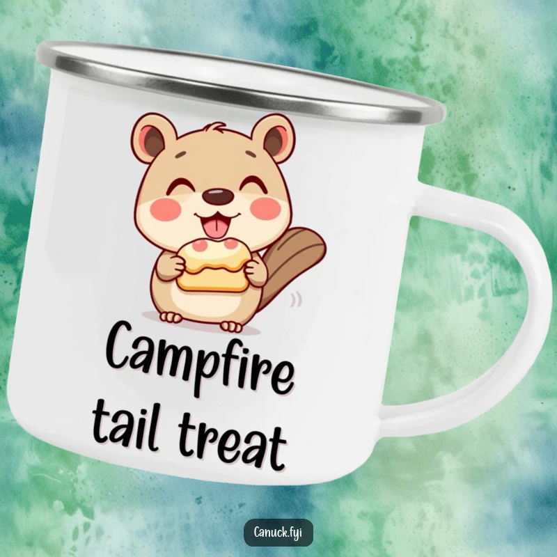 Funny camping mug showing a grinning animal character politely offering a beaver tail pastry, ideal for sweet outdoor drinks.