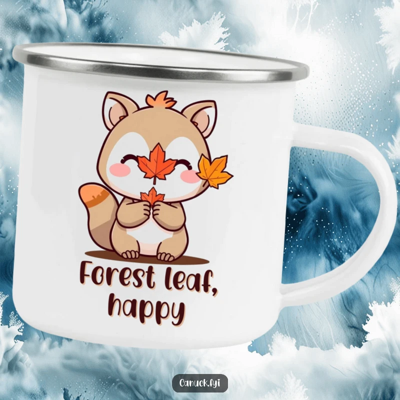 Funny camping mug depicting an animal character proudly holding a miniature maple leaf, ideal for outdoor Canadian experiences.