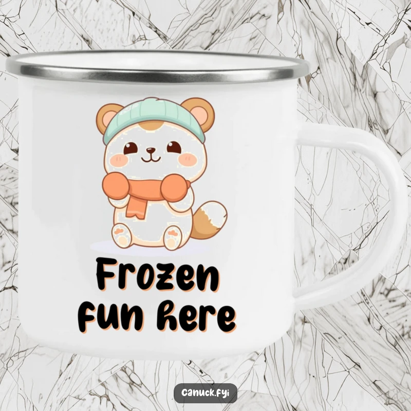 Funny enamel camping mug with a cheerful animal in mittens, happily catching falling snowflakes, perfect for outdoor warmth.