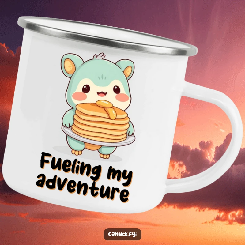 Funny Camping Mug featuring a creature with a warm smile, presenting a plate of pancakes, ideal for outdoor enjoyment.
