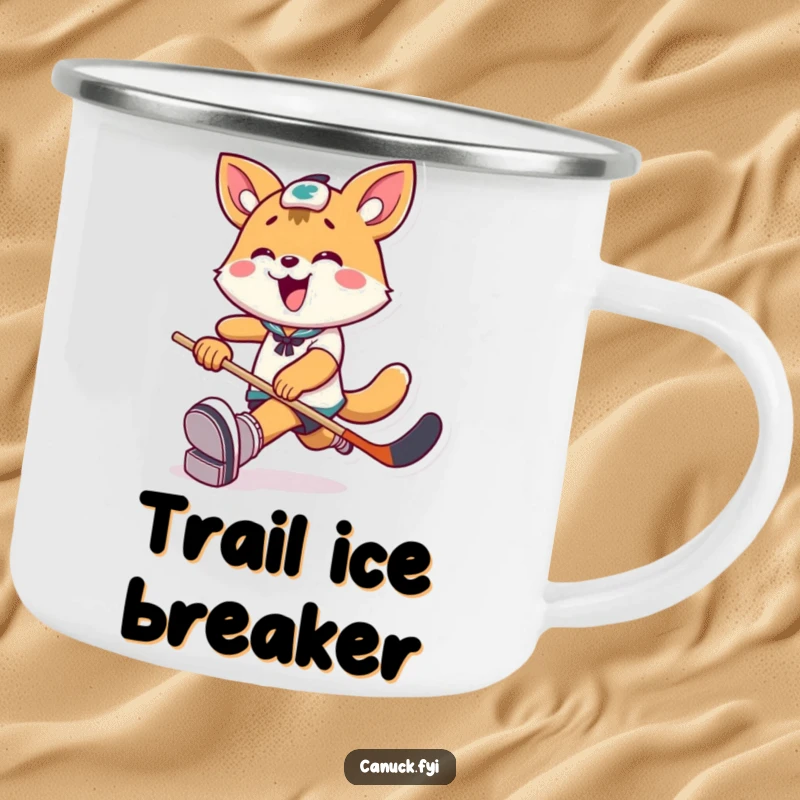 Funny Camping Mug: Playful animal character kicks a hockey puck with exaggerated joy, ready for outdoor adventures.