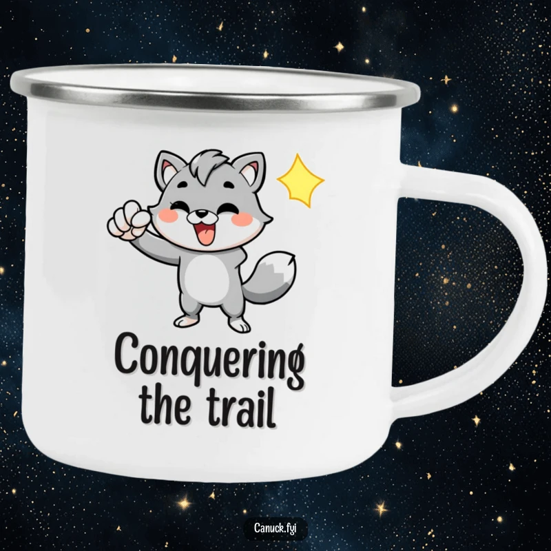 Funny camping mug featuring an energetic animal character pumping its fist, perfect for celebrating outdoor achievements with enthusiasm.