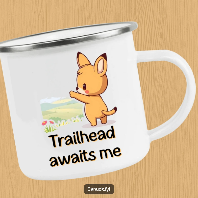 Funny camping mug featuring a curious animal character pointing towards a scenic view, perfect for enjoying drinks outdoors with a sense of adventure.