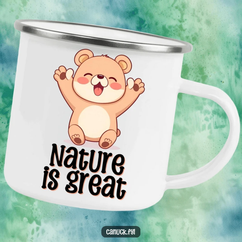 Funny camping mug with a happy bear character enthusiastically cheering with both paws up, outdoor funny gift.
