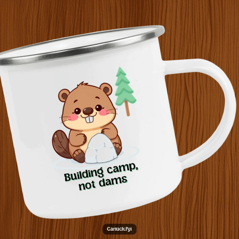 Funny Beaver Camping Mug: A smiling beaver builds a tiny igloo in the outdoors, bringing humor to camp life.